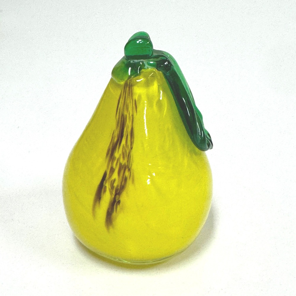 Vintage Hand Blown Yellow Glass Pear Paperweight Green Stem Leaf Art Glass